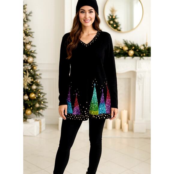 Quacker Factory Christmas Sweater Sz. XS Holiday Party Christmas Trees Sequins - Picture 1 of 11